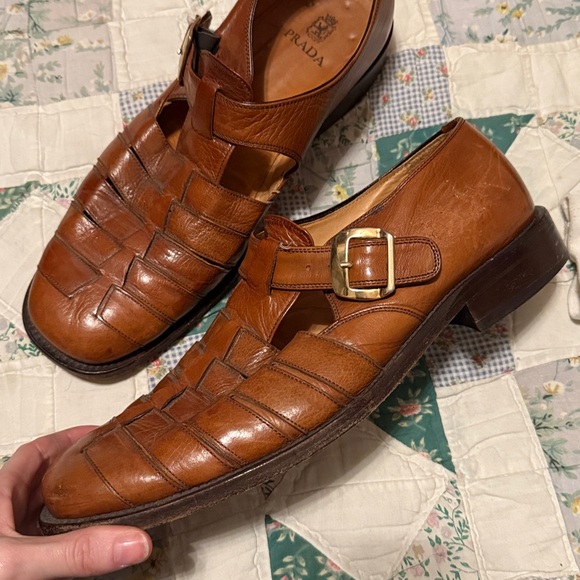 Prada Men's Tan Leather Buckle Loafers